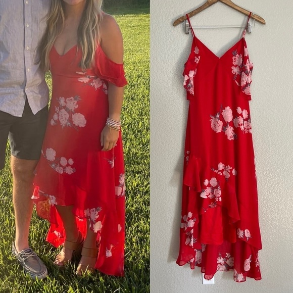 NWOT Love in Bloom Red Floral Print Off-the-Shoulder High-Low Dress - Picture 1 of 9